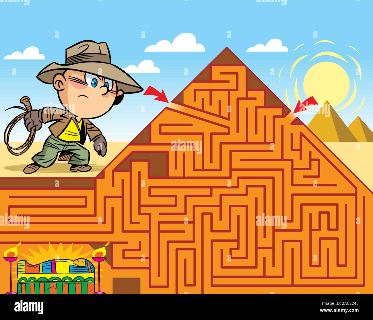 In the vector illustration, a maze puzzle where the boy needs to get to the tomb of the pharaoh Stock Vector
