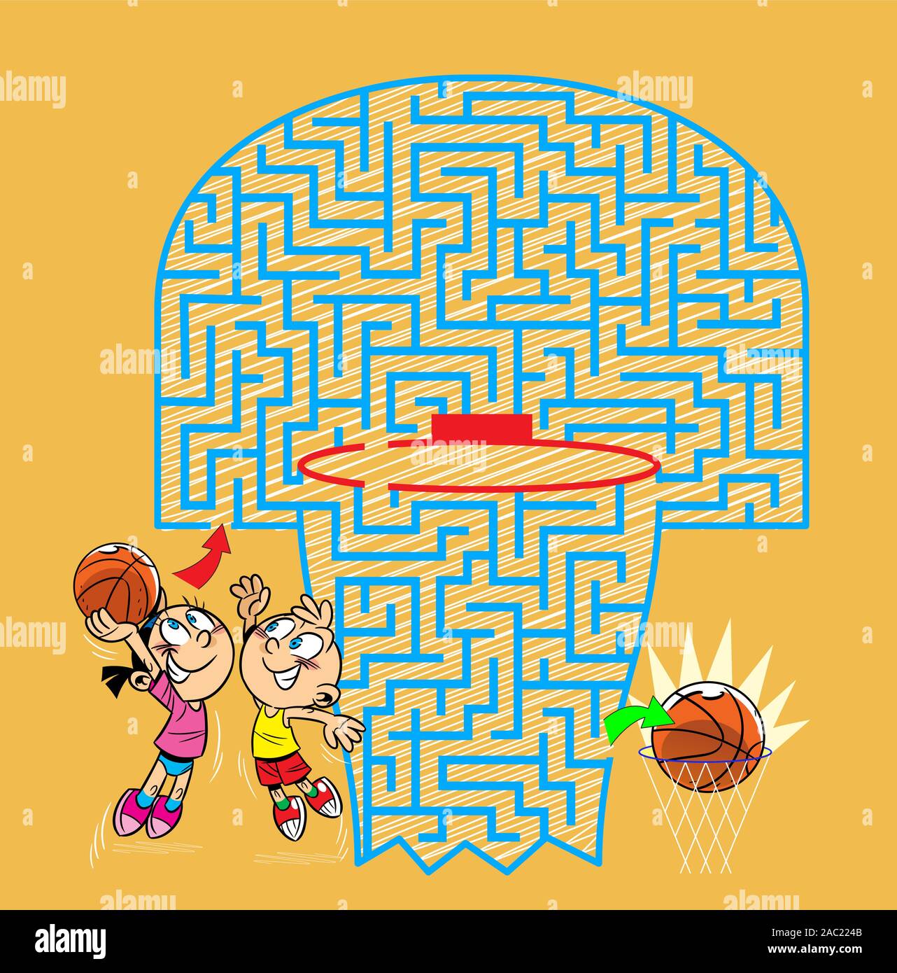In the vector illustration, a maze puzzle where children must throw a basketball in the basket Stock Vector