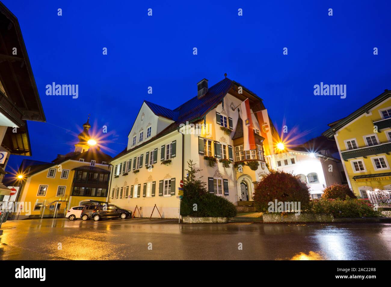The city hall in St. Gilgen, the city is a village by the Wolfgangsee ...