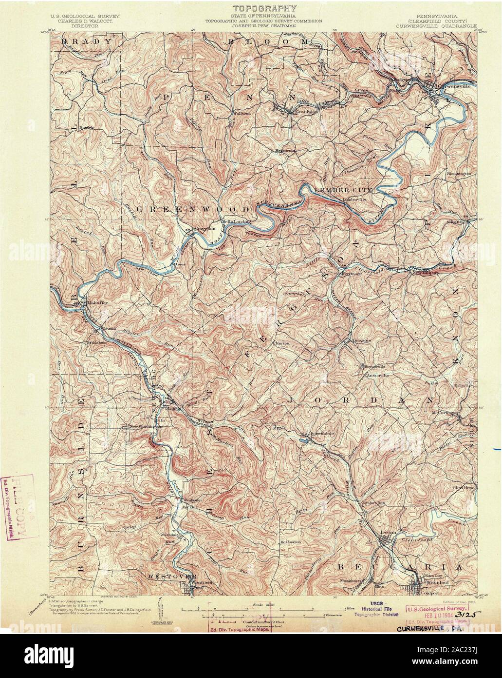 USGS TOPO Map Pennsylvania PA Curwensville 167715 1903 62500 Restoration Stock Photo