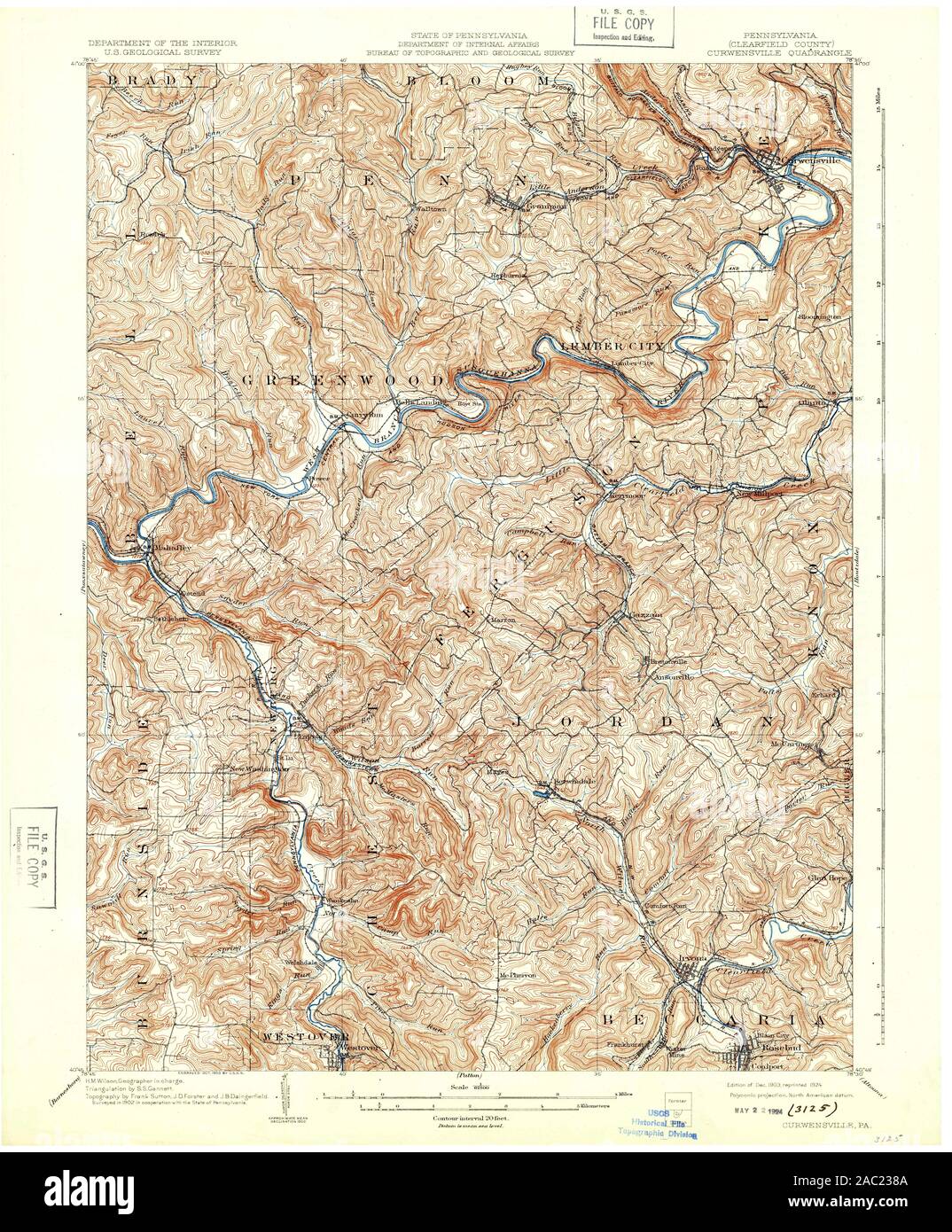 USGS TOPO Map Pennsylvania PA Curwensville 167718 1903 62500 Restoration Stock Photo
