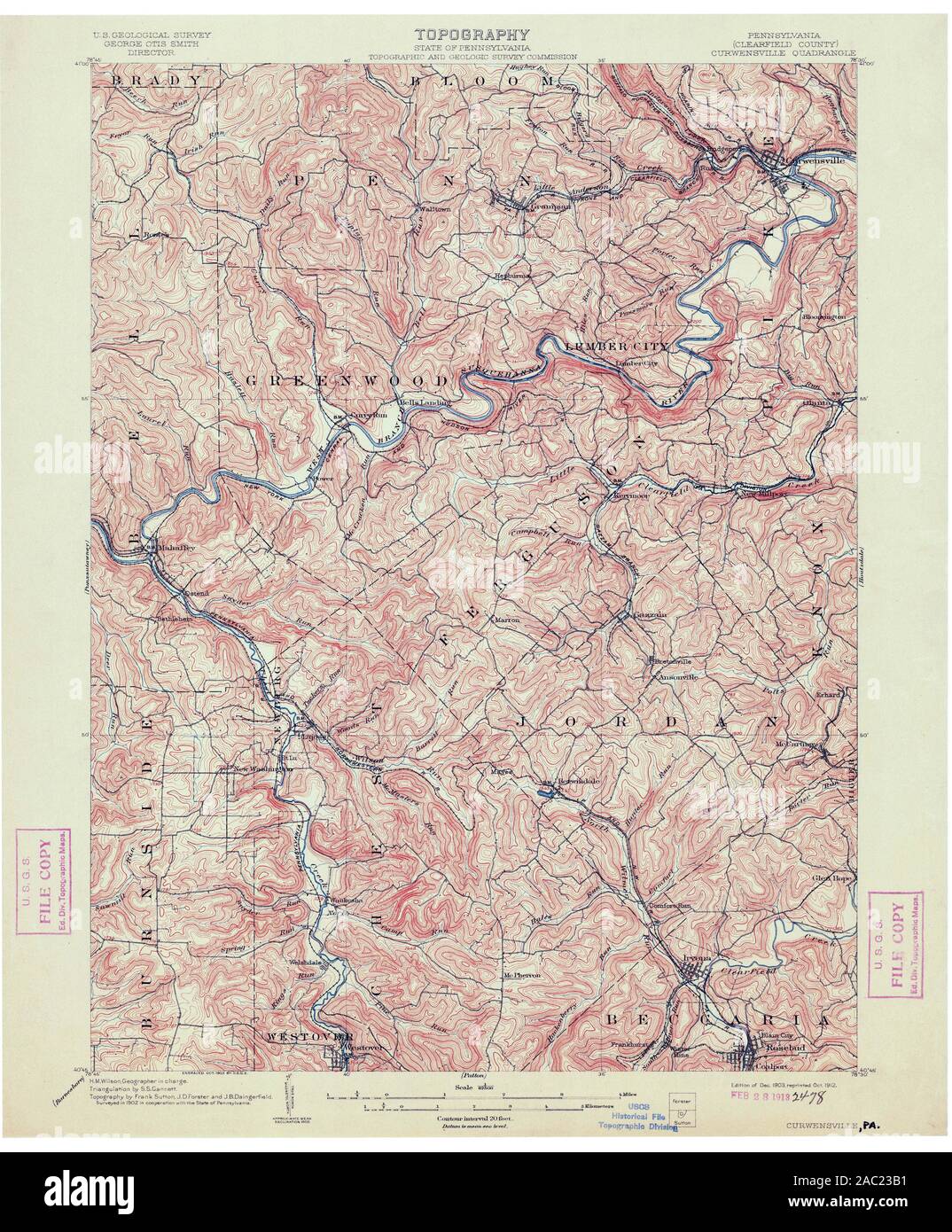 USGS TOPO Map Pennsylvania PA Curwensville 167716 1903 62500 Restoration Stock Photo