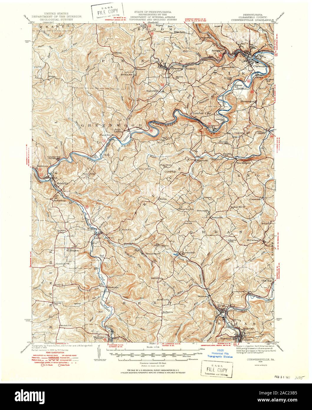 USGS TOPO Map Pennsylvania PA Curwensville 172430 1939 62500 Restoration Stock Photo