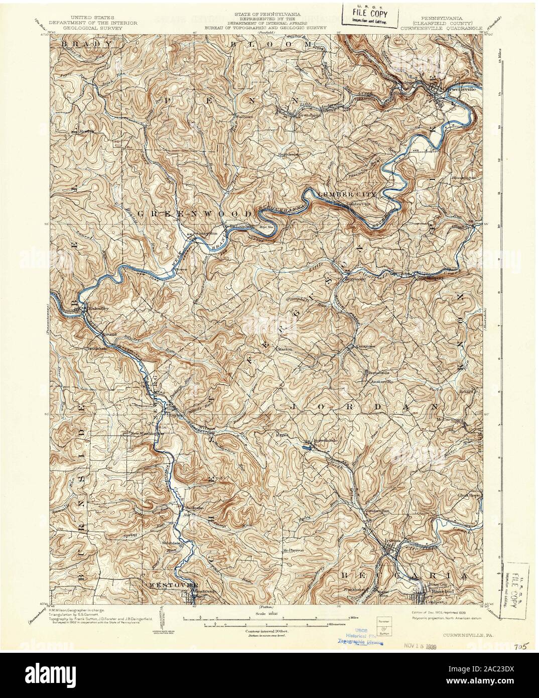 USGS TOPO Map Pennsylvania PA Curwensville 172431 1903 62500 Restoration Stock Photo