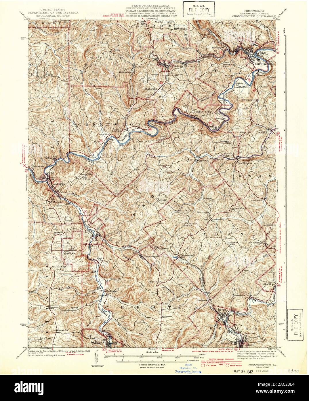 USGS TOPO Map Pennsylvania PA Curwensville 172433 1942 62500 Restoration Stock Photo