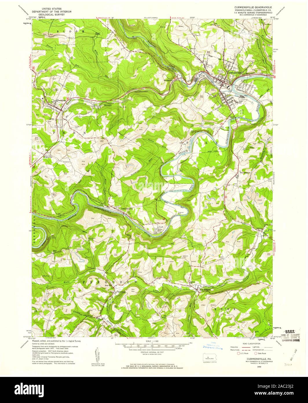 USGS TOPO Map Pennsylvania PA Curwensville 172435 1959 24000 Restoration Stock Photo