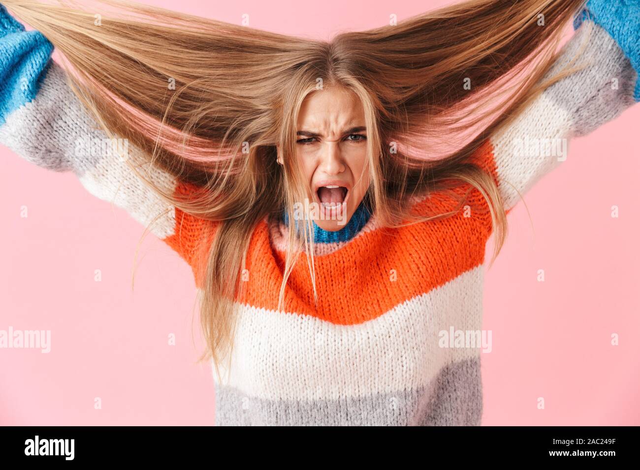 Portrait of an annoyed blonde girl wearing sweater screaming isolated over  pink background, pulling her hair out Stock Photo - Alamy, image size:1300x956