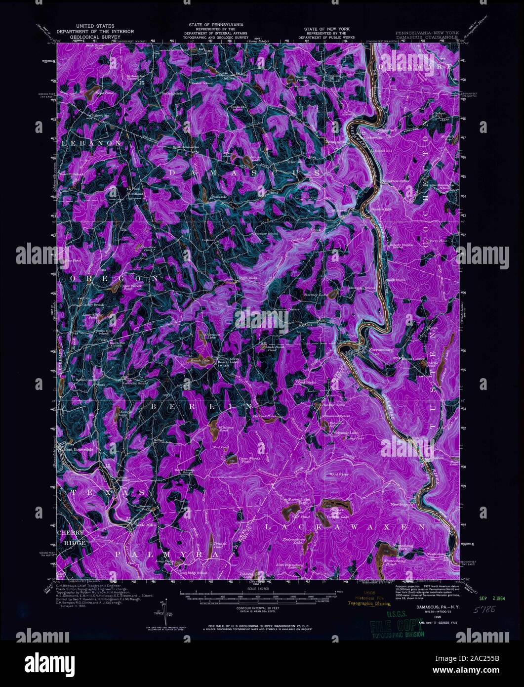 USGS TOPO Map Pennsylvania PA Damascus 170581 1920 62500 Inverted Restoration Stock Photo