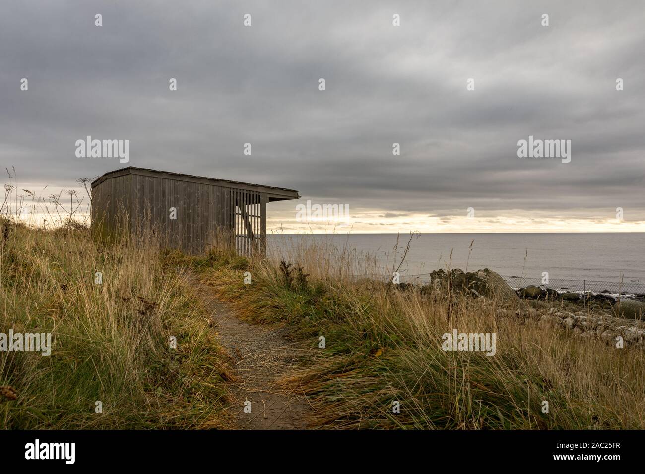 Birdwatching cabin by the sea, at Lista in Norway Stock Photo