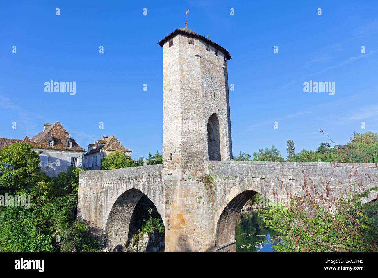 Europe, France, Nouvelle-Aquitaine, Orthez, 14th Century Stone Bridge across the Gave de Pau Stock Photo