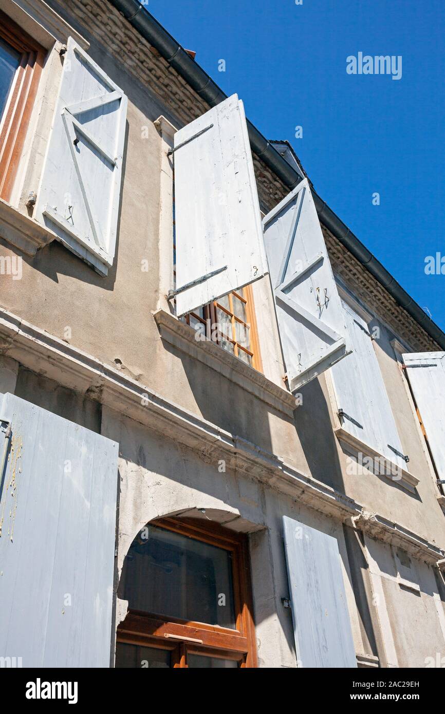 Europe, France, Nouvelle-Aquitaine, Orthez, Traditional shuttered windows on Rue du Pont Vieux Stock Photo