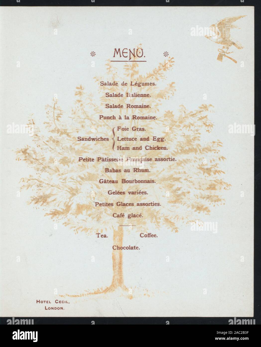 GEORGE WASHINGTON'S BIRTHDAY RECEPTION (held by) AMERICAN SOCIETY IN LONDON (at) HOTEL CECIL, LONDON (FOR;) PORTRAIT OF WASHINGTON; EAGLE; MENU MOSTLY FRENCH; GEORGE WASHINGTON'S BIRTHDAY RECEPTION [held by] AMERICAN SOCIETY IN LONDON [at] HOTEL CECIL, LONDON (FOR;) Stock Photo