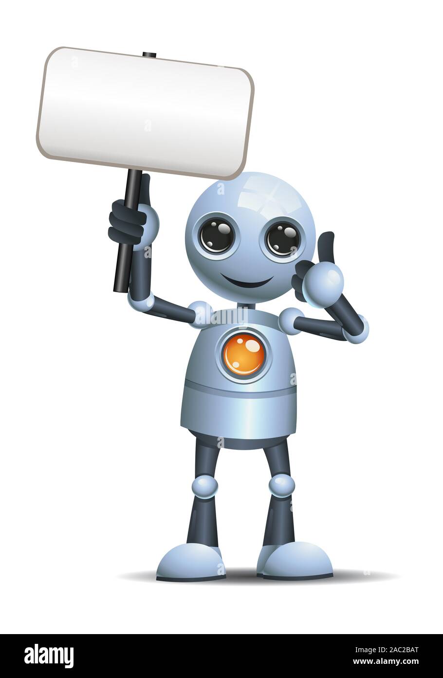 3d illustration of little robot business thumb up while holding banner ...