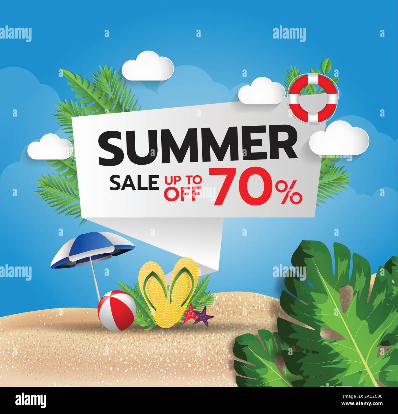 Vector background summer sale 70%. Backdrop cloud, beach, sand, banner, poster, label, discount design template for business. Stock Vector
