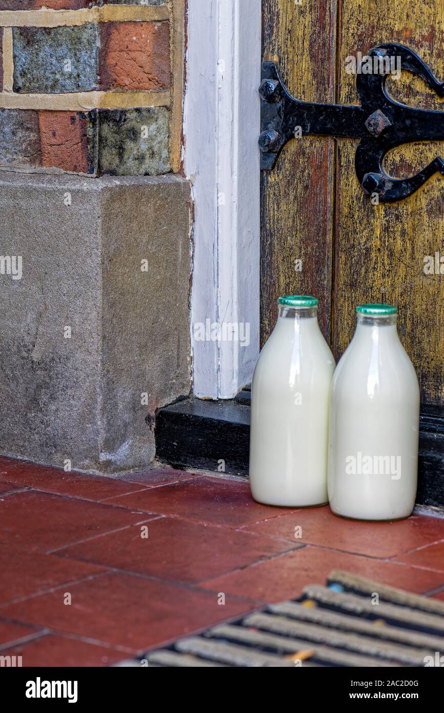 Authentic image of doorstep delivery of milk in recycleable glass