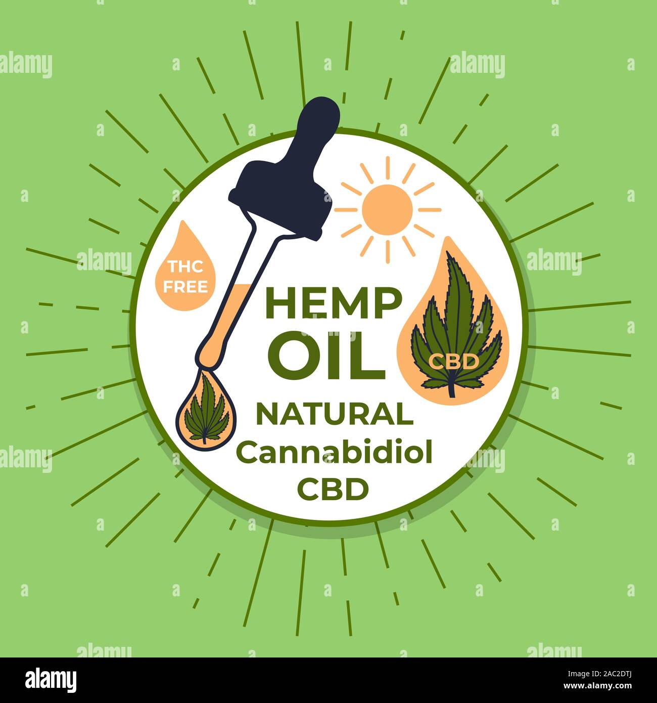 CBD Hemp oil Cannabidiol. Pipette with a drop. Vector Illustration isolated on green. Template design Stock Vector