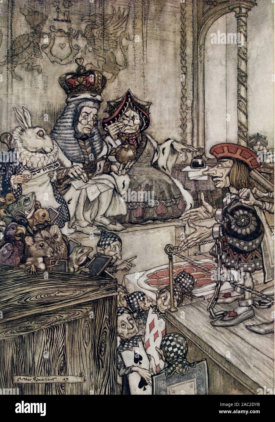Arthur Rackham's illustration for the 1907 edition of Lewis Carroll's ALICE IN WONDERLAND - 'Who stole the tarts?' Stock Photo
