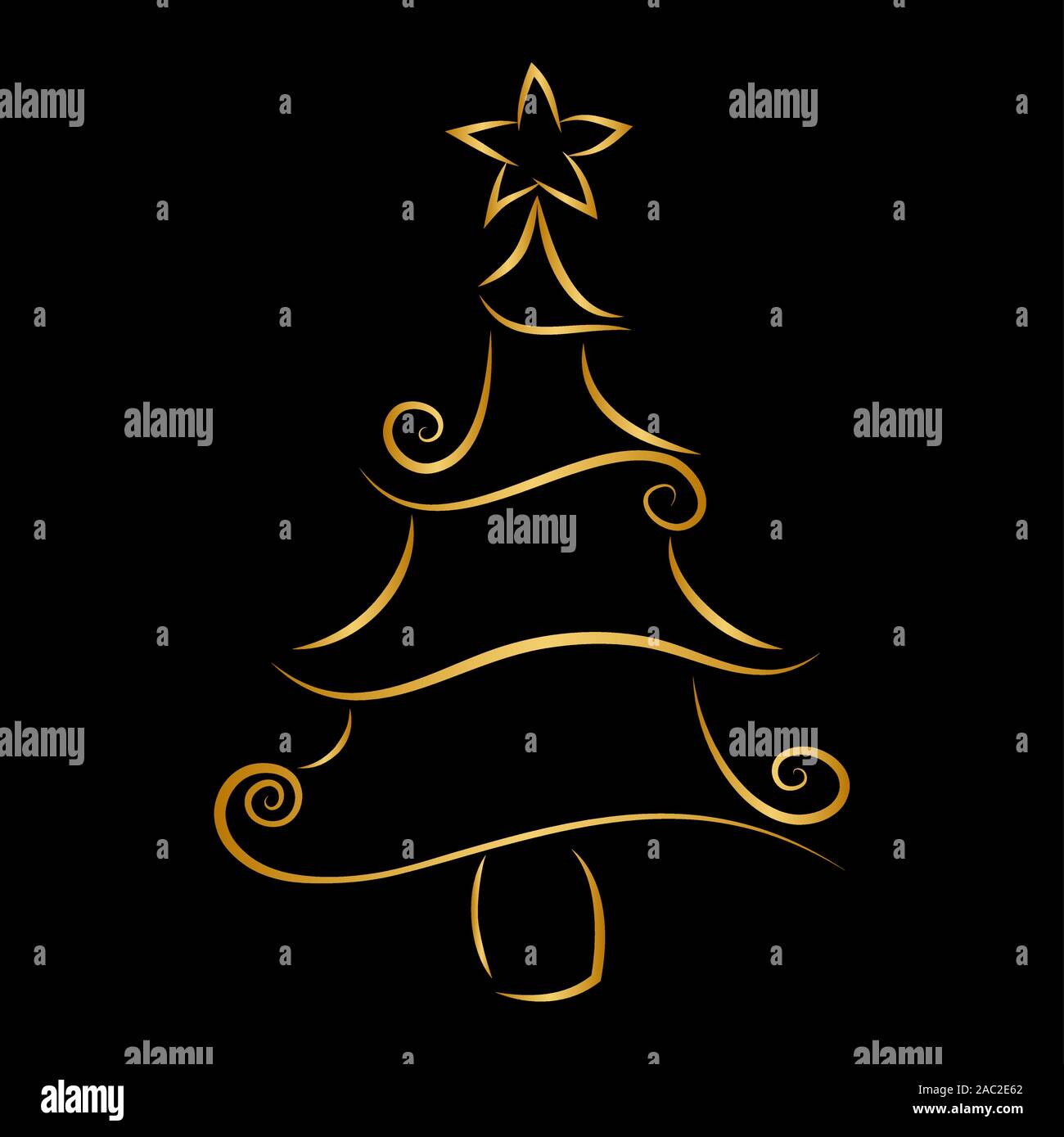 Christmas tree outline in golden color isolated on black background. stylized fir tree with a decorative element . Line holiday element doodle Hand-dr Stock Vector