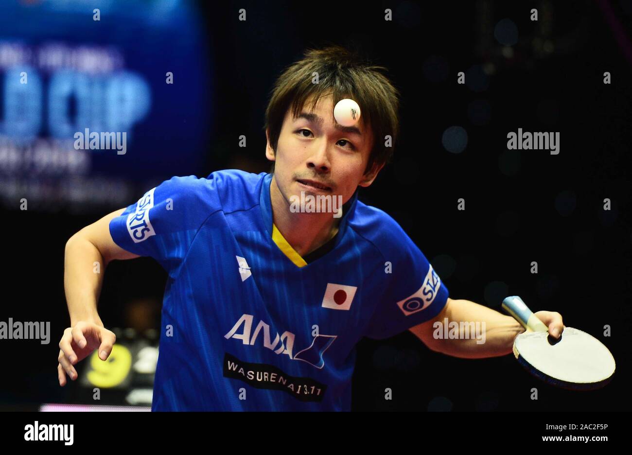 Koki Niwa of Japan in action against Tomokazu Harimoto of Japan in their Men's Singles Quarterfinals match during the 2019 ITTF Men's World Cup in Che Stock Photo