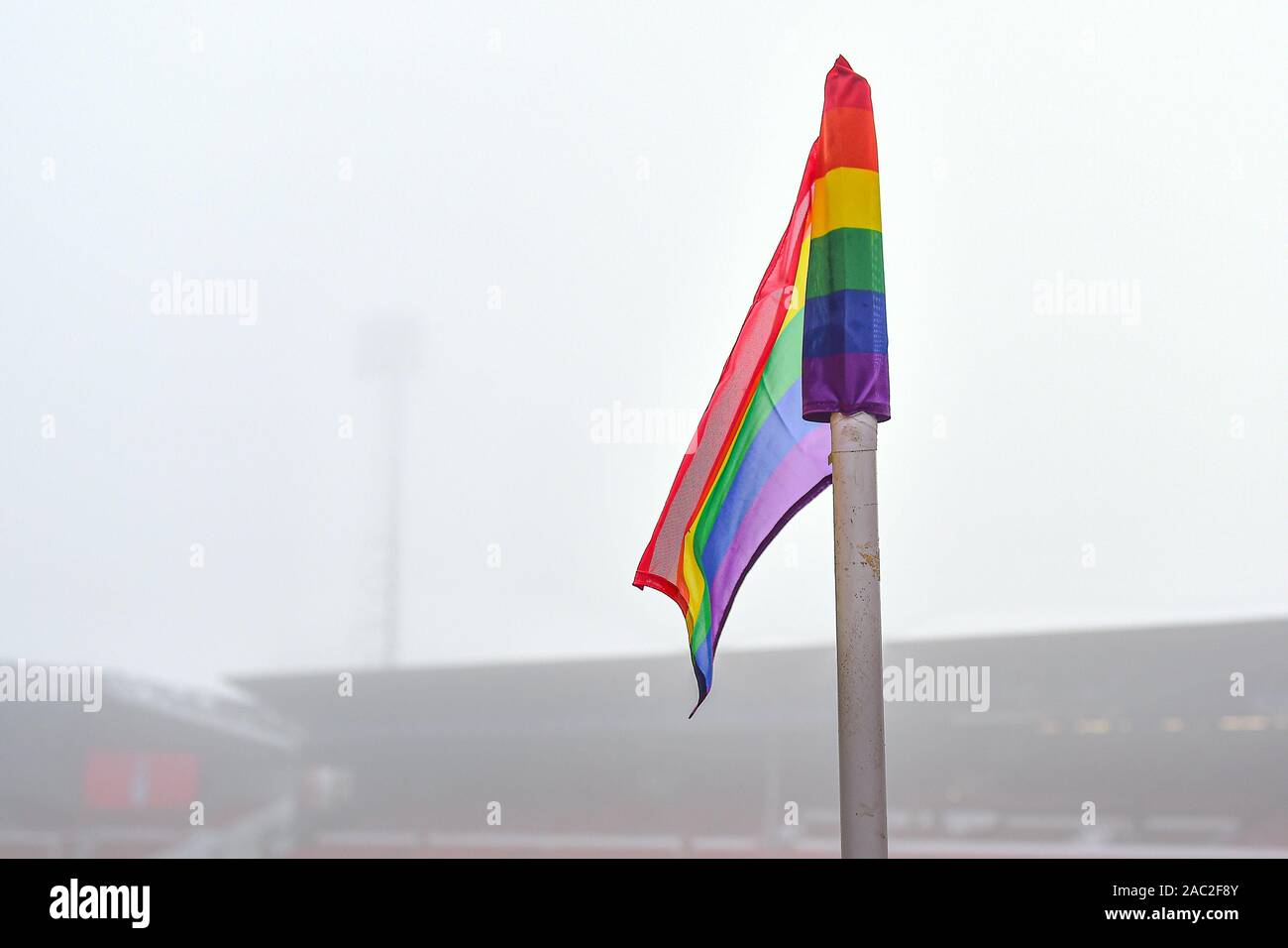 Nottingham, UK. 30th Nov, 2019. Corner flag in rainbow colours showing support for the LBGT community during the Sky Bet Championship match between Nottingham Forest and Cardiff City at the City Ground, Nottingham on Saturday 30th November 2019. (Credit: Jon Hobley | MI News) Photograph may only be used for newspaper and/or magazine editorial purposes, license required for commercial use Credit: MI News & Sport /Alamy Live News Credit: MI News & Sport /Alamy Live News Credit: MI News & Sport /Alamy Live News Stock Photo