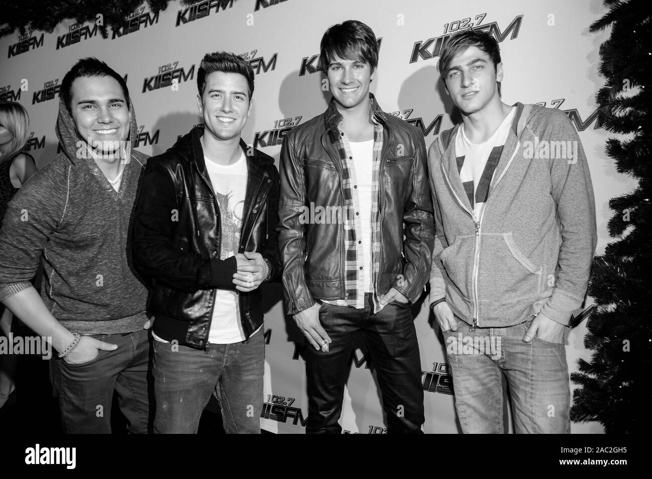 L R Carlos Pena Jr Logan Henderson James Maslow And Kendall Schmidt Of Big Time Rush Arrives At 102 7 Kiis Fm S Jingle Ball 11 At Nokia Theater L A Live On December 3 11