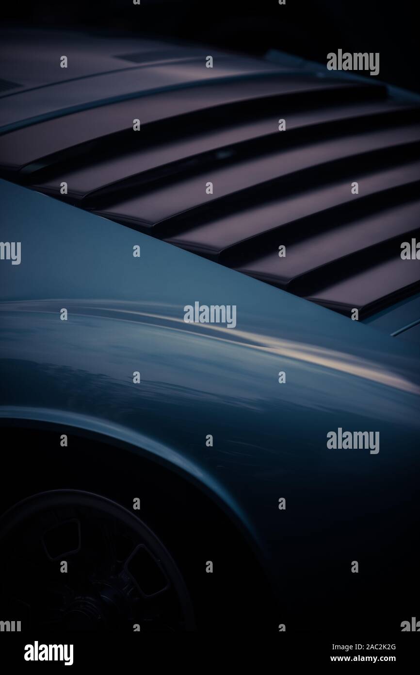 Close up shot of the rear window plastic shades of a classic vintage car Stock Photo Alamy