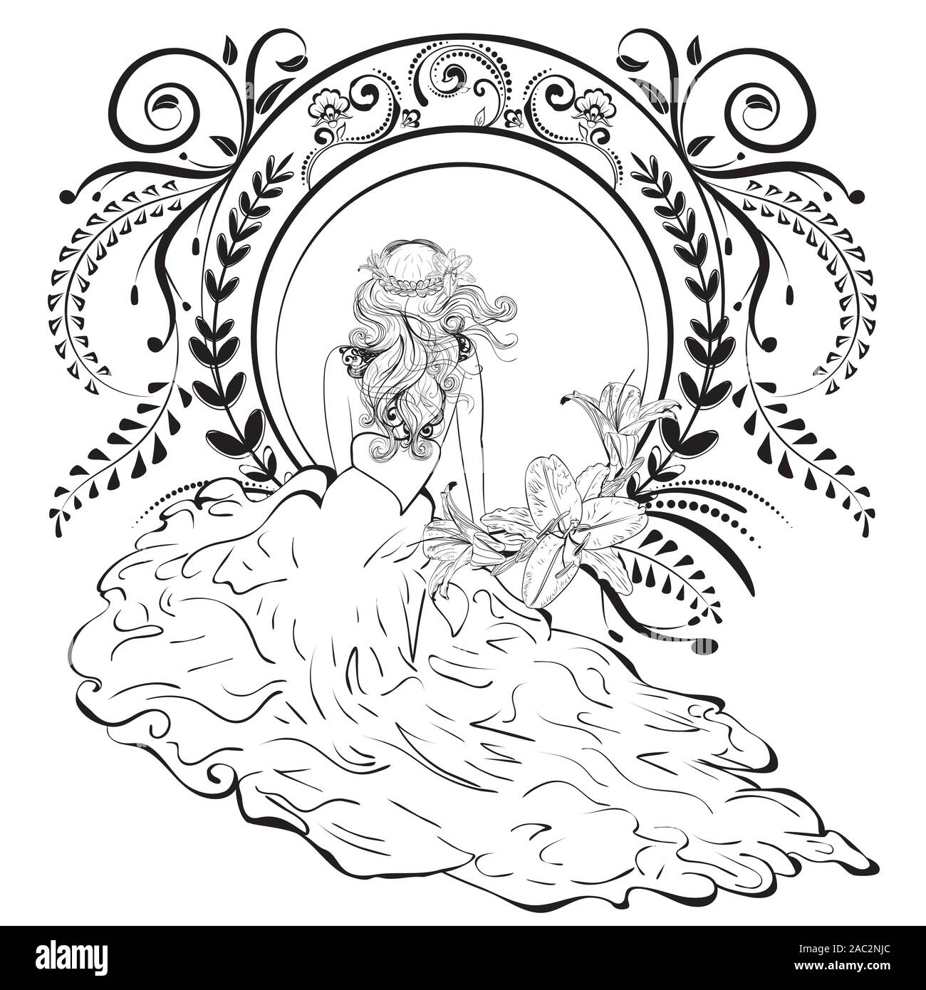 Vintage illustration with girl sits in fluffy bridal gown and floral ornaments, art nouveau inspired art. Stock Vector