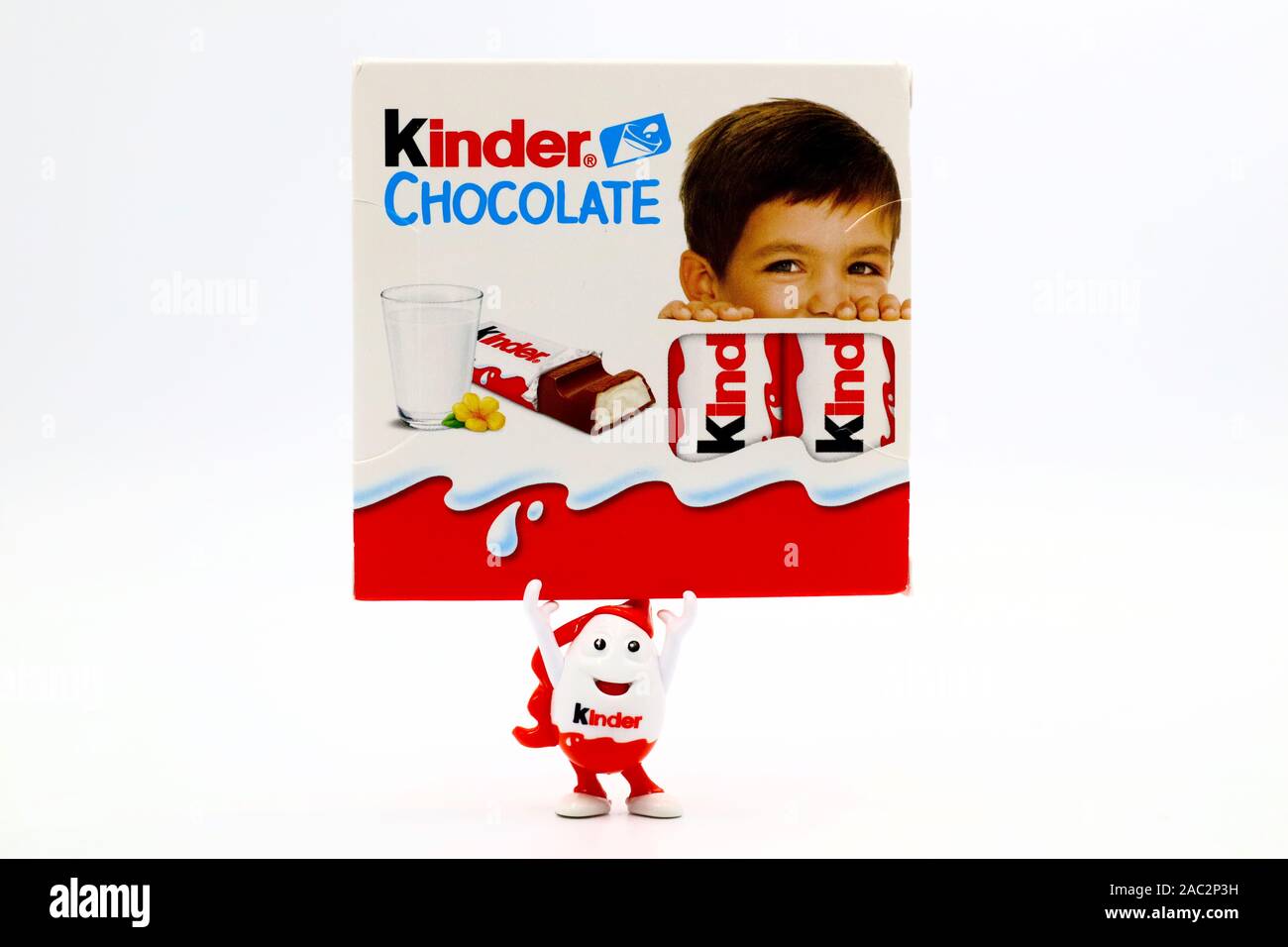 Kinder Chocolate Bars with Kinderino Eggman Mascot. Kinder is a brand