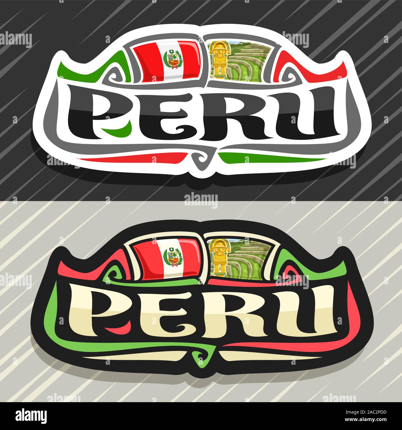 Vector logo for Peru country, fridge magnet with peruvian state flag, original brush typeface for word peru and national peruvian symbols - ancient in Stock Vector