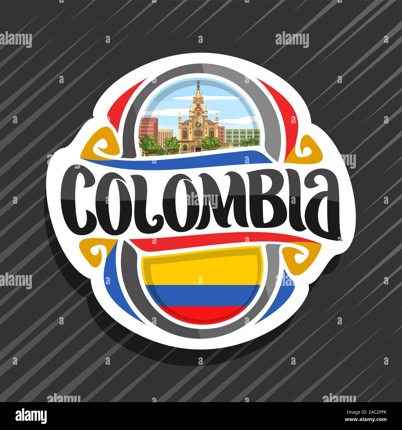 Vector logo for Colombia country, fridge magnet with colombian flag, original brush typeface for word colombia, national colombian symbol - Jesus Naza Stock Vector