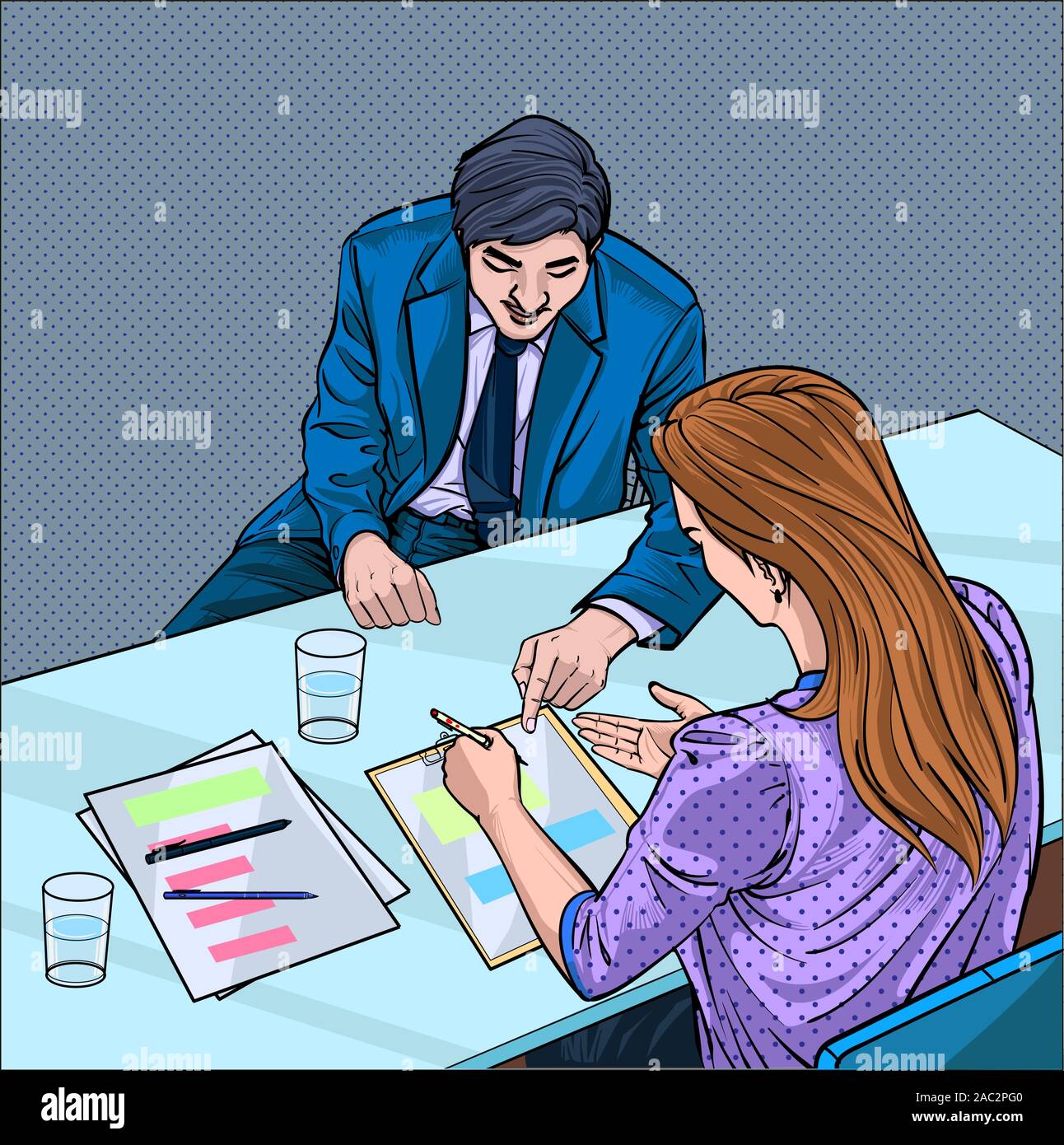 Business people express opinions at the meeting at the company Listening and Speaking Illustration vector On pop art comics style Stock Vector