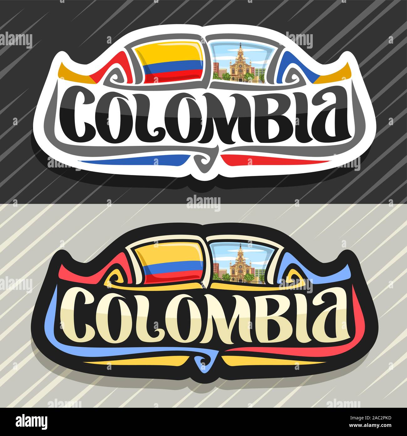 Vector logo for Colombia country, fridge magnet with colombian flag, original brush typeface for word colombia, national colombian symbol - Jesus Naza Stock Vector