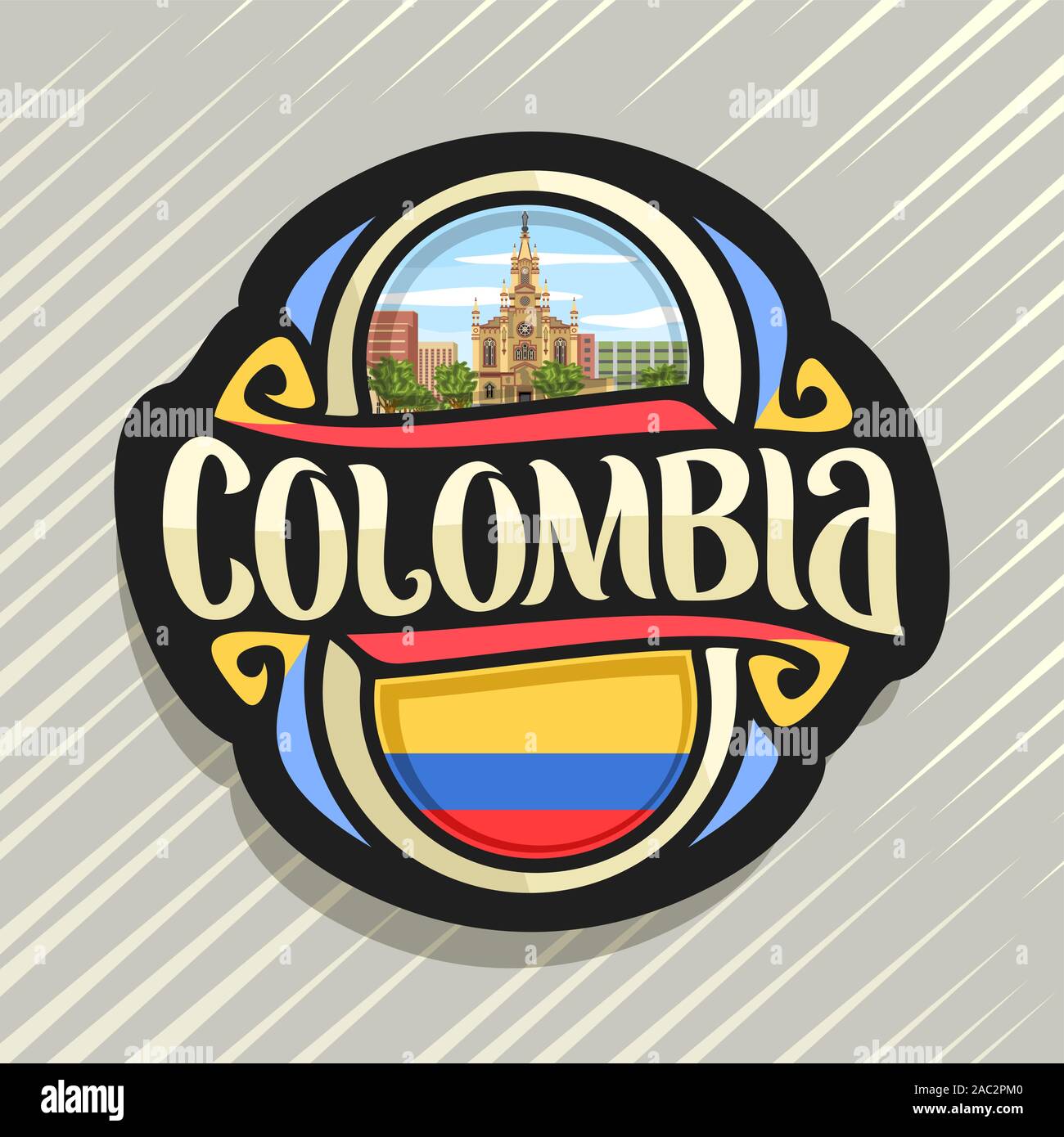 Vector logo for Colombia country, fridge magnet with colombian flag, original brush typeface for word colombia, national colombian symbol - Jesus Naza Stock Vector