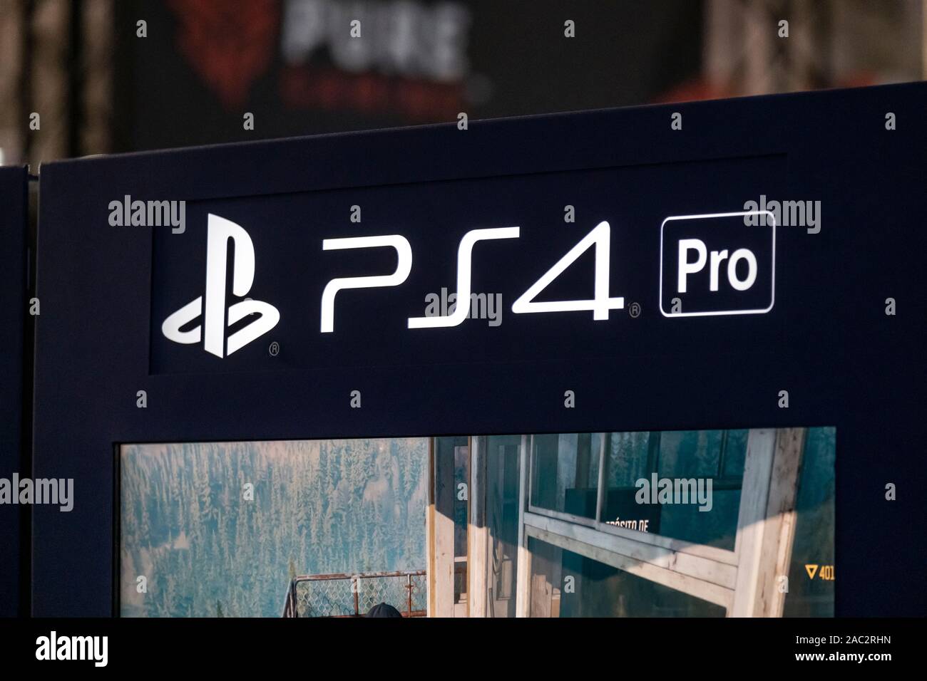 Barcelona, Spain. 29th Nov, 2019. PlayStation PS4 Pro logo seen during the  festival.The NiceOne Barcelona Gaming & Digital Experiences Festival  dedicated to the video game industry and virtual reality takes place at