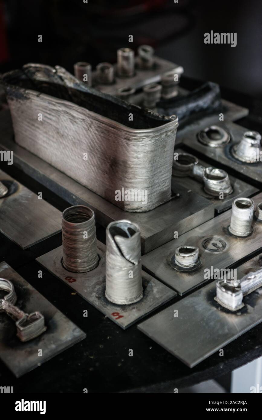 3d printed metal welding examples. Indexlab, digital design and fabrication laboratory, Politecnico di Milano, Lecco, Italy - November 2019 Stock Photo