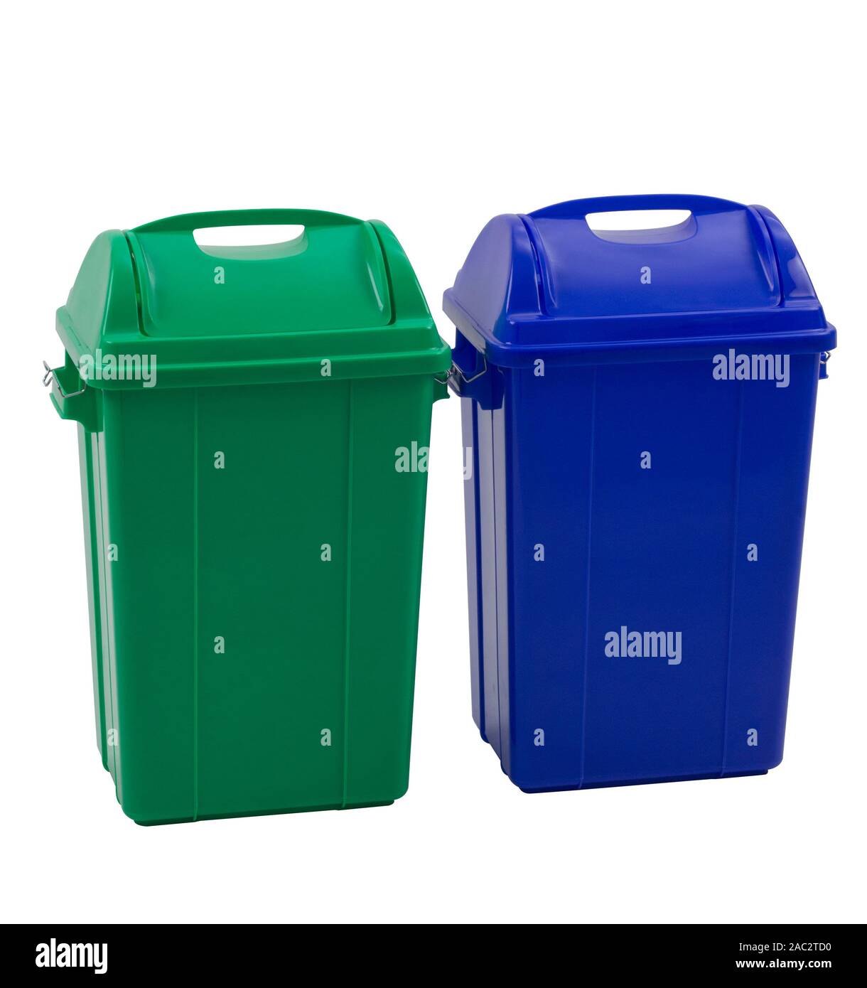 Different colored trash bins for collecting various type of garbage isolated on white background Stock Photo