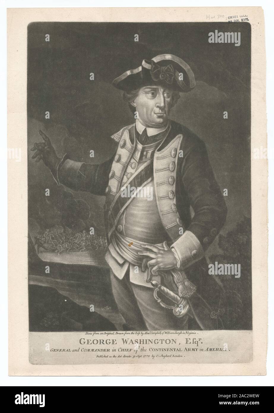 George Washington Esqr General and Commander in Chief of the Continental Army in America Printmakers include Henry Bryan Hall and James Smillie. Title from Calendar of the Emmet Collection. EM8343; George Washington Esqr. General and Commander in Chief of the Continental Army in America Stock Photo
