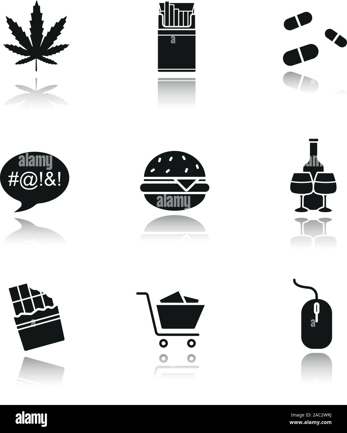 Addictions drop shadow black icons set. Smoking, drugs, food, swearing, shopping, computers, alcoholism. Marijuana, cigarettes, pills, burger, chocola Stock Vector