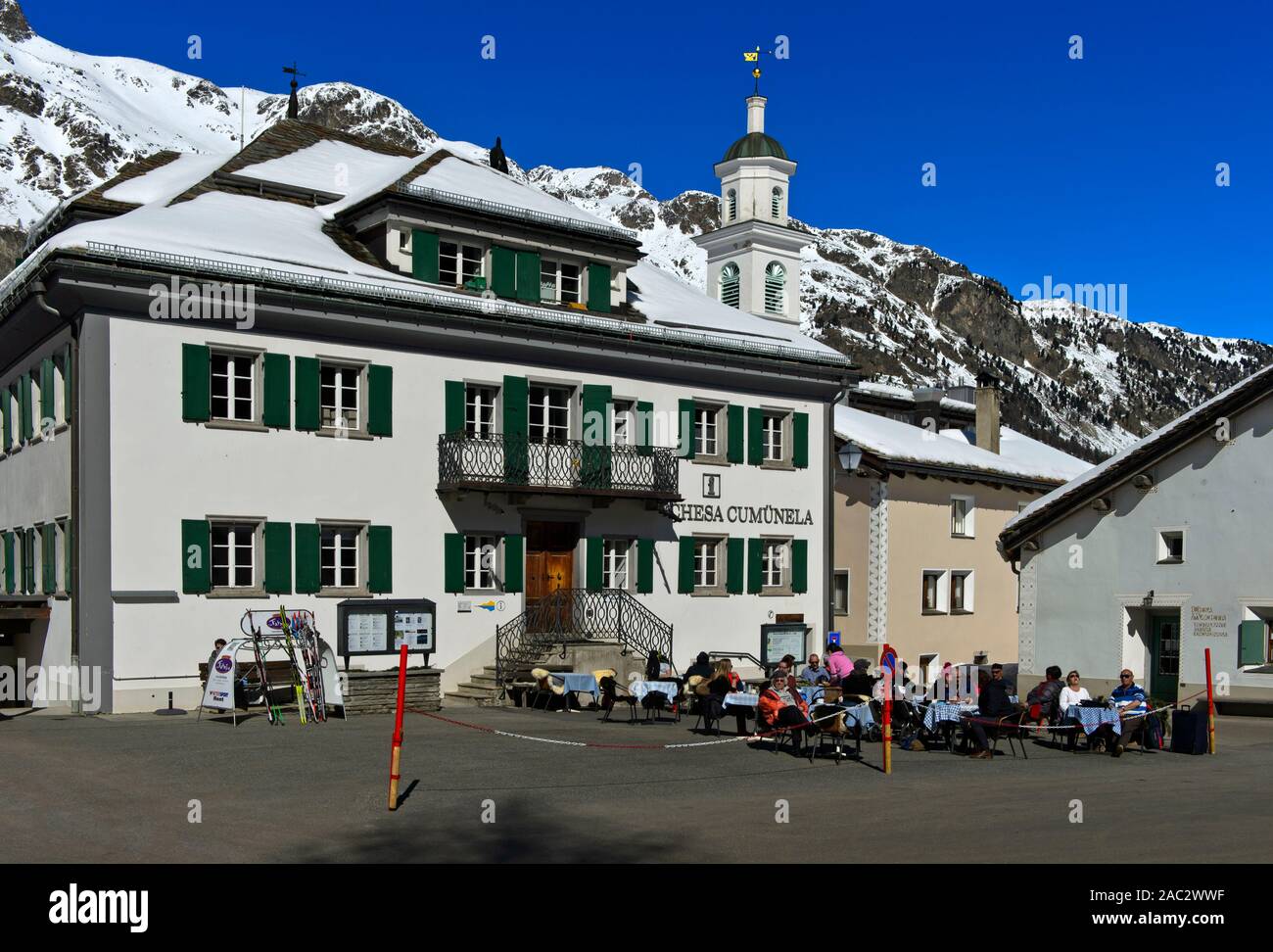 Main square with town hall, Chesa Cumünela, Sils im Engadin, Grisons, Switzerland Stock Photo