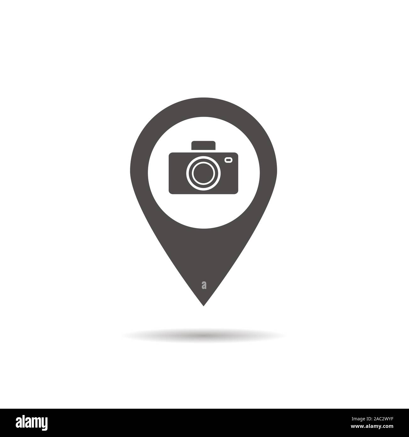 Sightseeing hotspot icon. Drop shadow silhouette symbol. Map pinpoint with photo camera. Vector isolated illustration Stock Vector