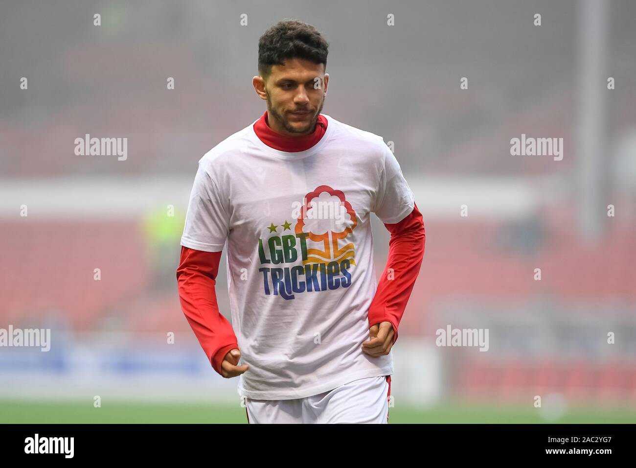 Nottingham, UK. 30th Nov, 2019. Tobias Figueiredo (3) of Nottingham Forest warms up with LBGT Trickies logo, showing support for the LBGT community during the Sky Bet Championship match between Nottingham Forest and Cardiff City at the City Ground, Nottingham on Saturday 30th November 2019. (Credit: Jon Hobley | MI News) Photograph may only be used for newspaper and/or magazine editorial purposes, license required for commercial use Credit: MI News & Sport /Alamy Live News Credit: MI News & Sport /Alamy Live News Credit: MI News & Sport /Alamy Live News Stock Photo