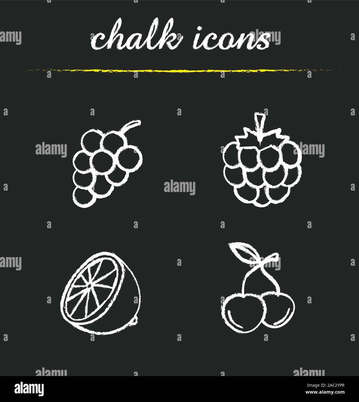 Fruit and berries chalk icons set. Bunch of grapes, raspberry, cutted