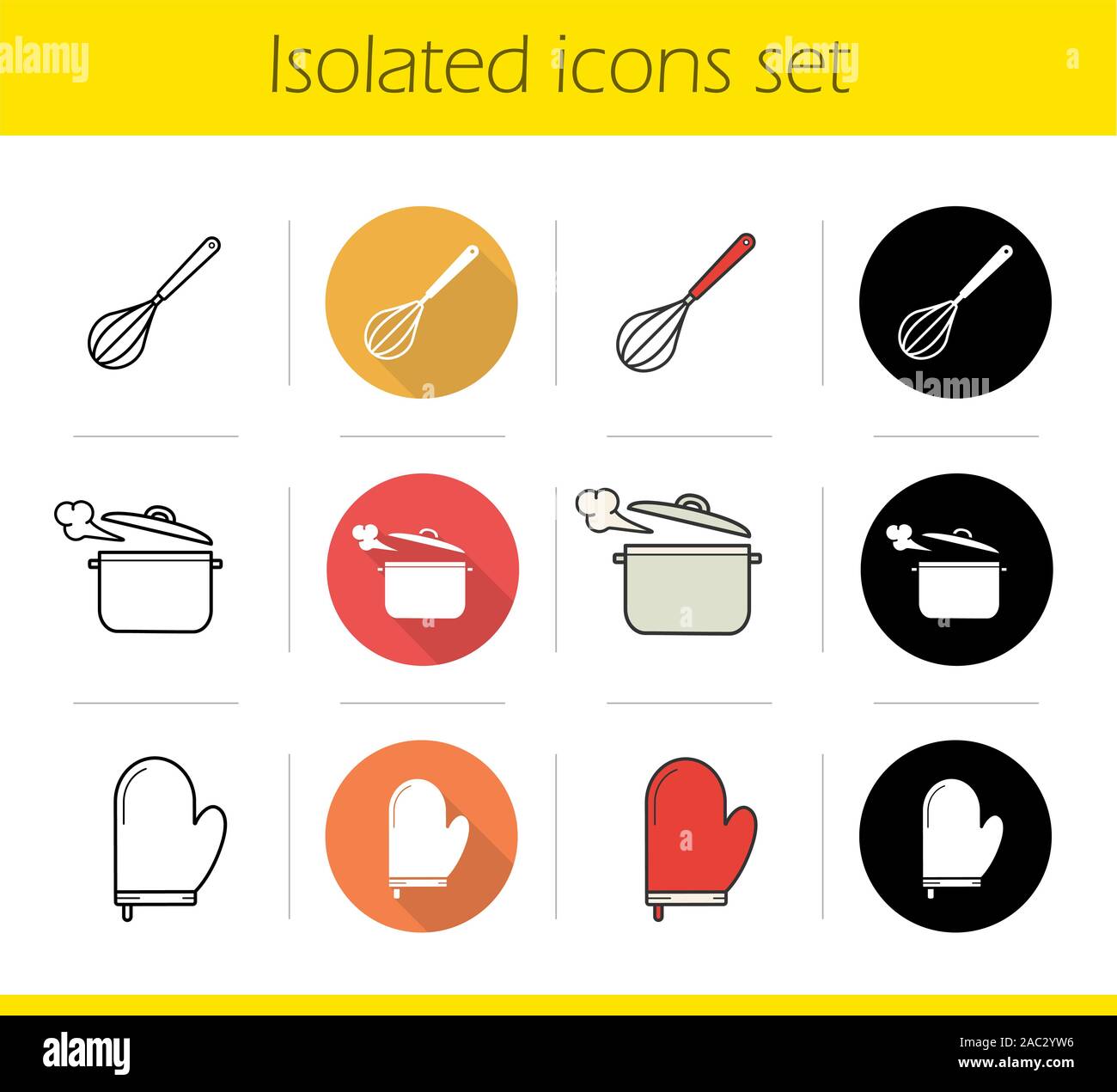 Kitchenware icons set. Flat design, linear, black and color styles. Kitchen instruments. Whisk, boiling saucepan, pot holder. Isolated vector illustra Stock Vector