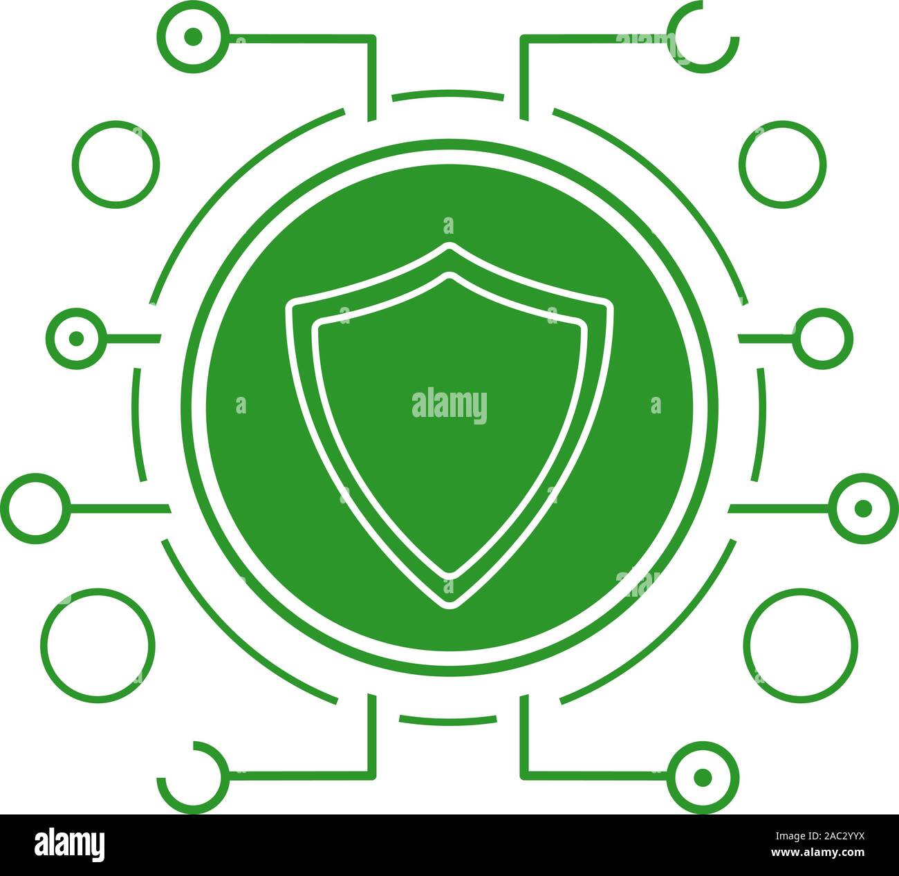 Cyber security icon. Silhouette symbol. Green shield in microchip
