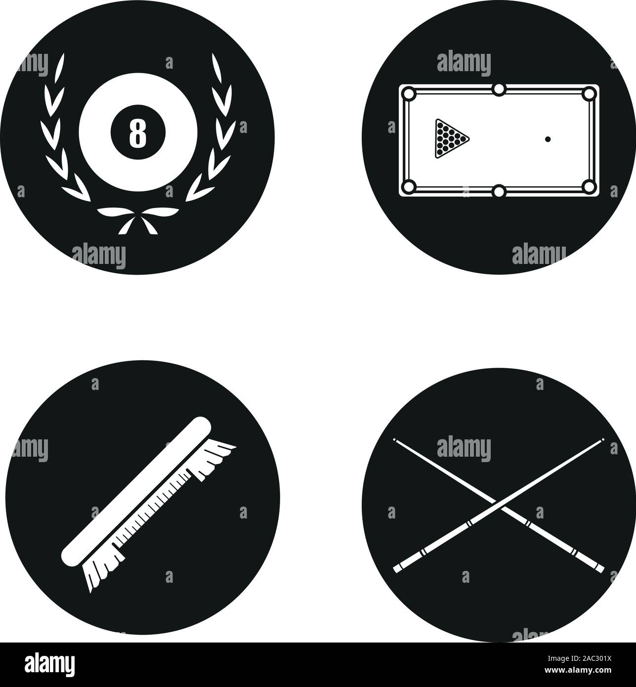 Billiard equipment icons set. Billiard brush, table with balls rack ...