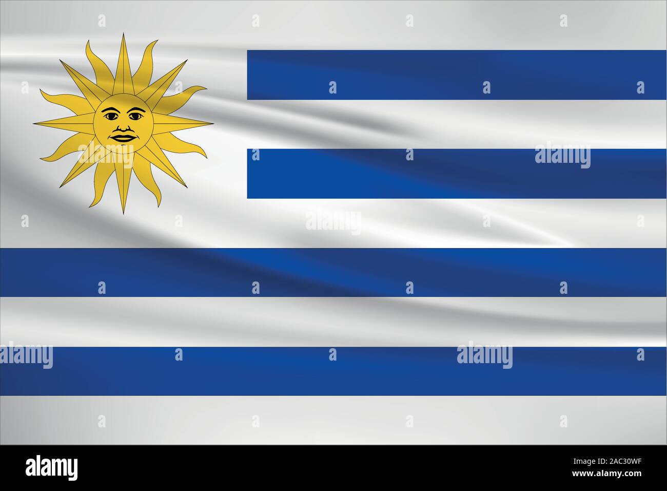 Waving Uruguay flag, official colors and ratio correct. Uruguay national flag. Vector illustration. Stock Vector