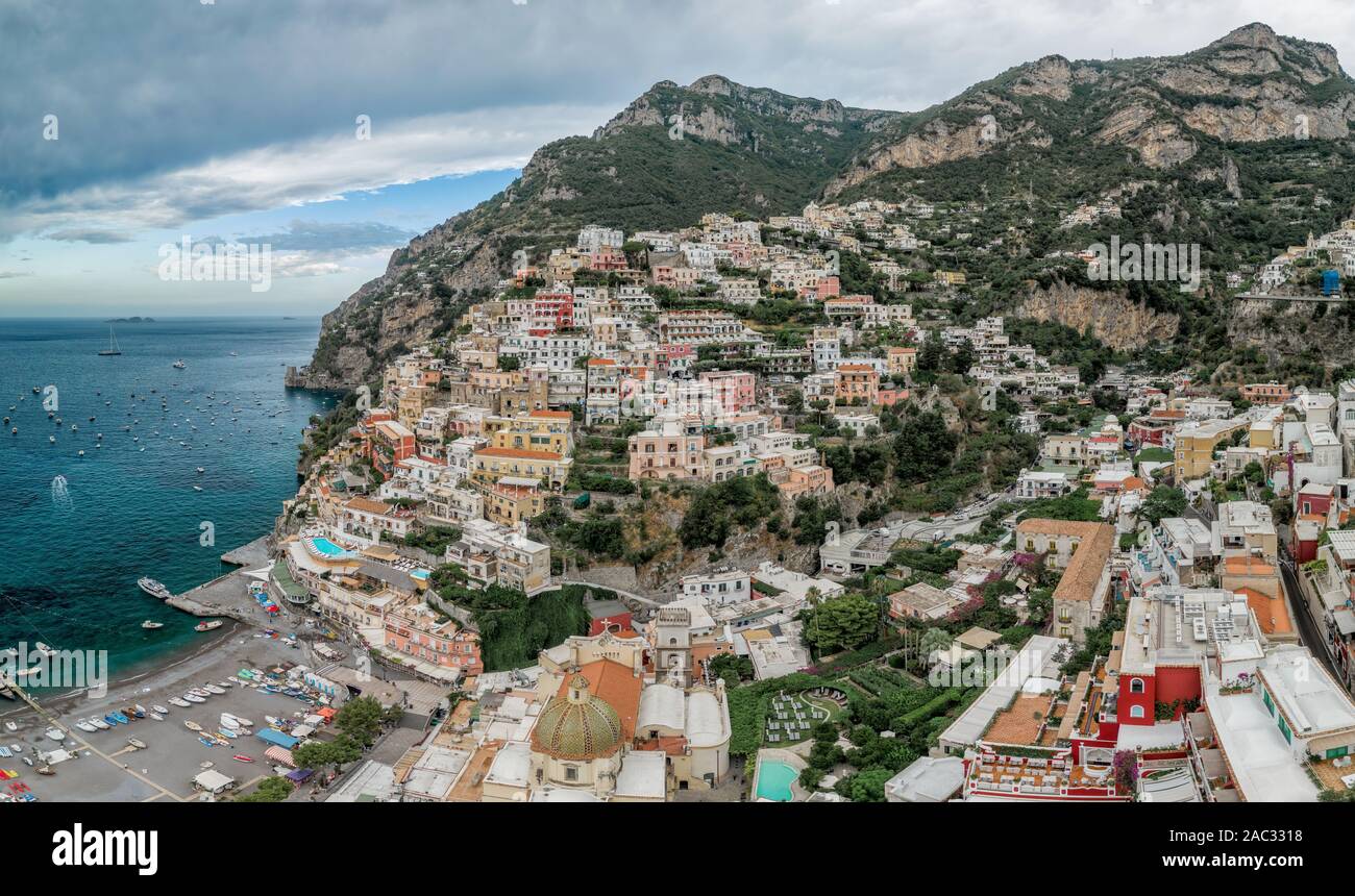 Aerial drone panoramic view of Positano village beach in Amalfi coast Stock  Photo - Alamy