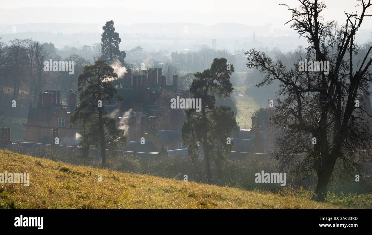 A misty winter morning over Stratford upon Avon from the Welcombe Hills Stock Photo