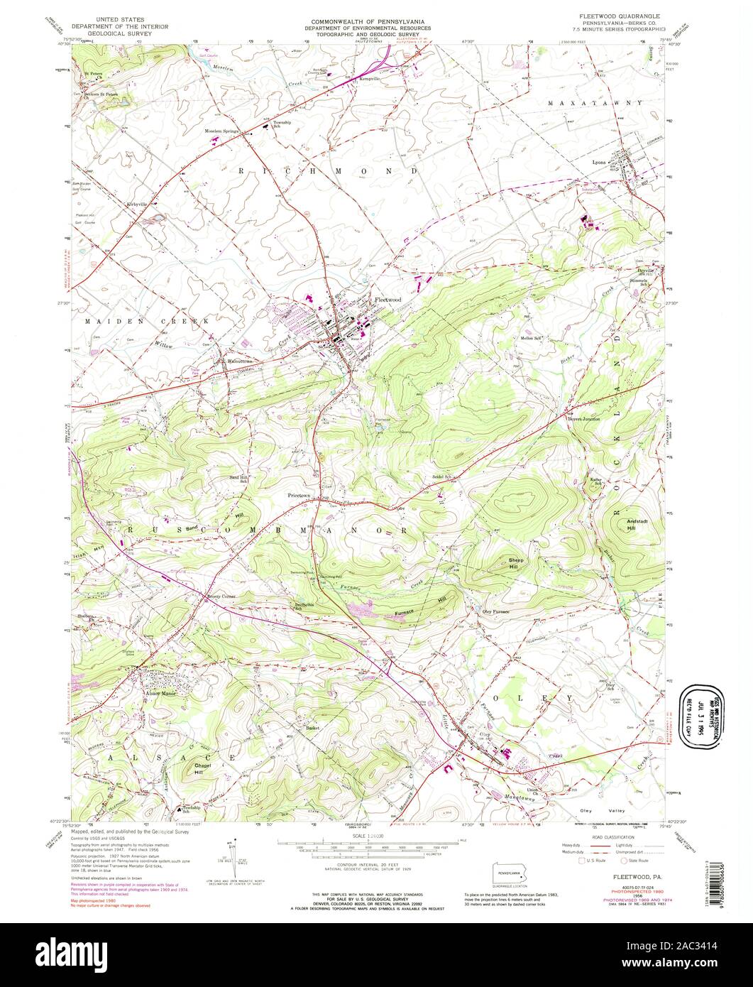USGS TOPO Map Pennsylvania PA Fleetwood 223060 1956 24000 Restoration Stock Photo Alamy