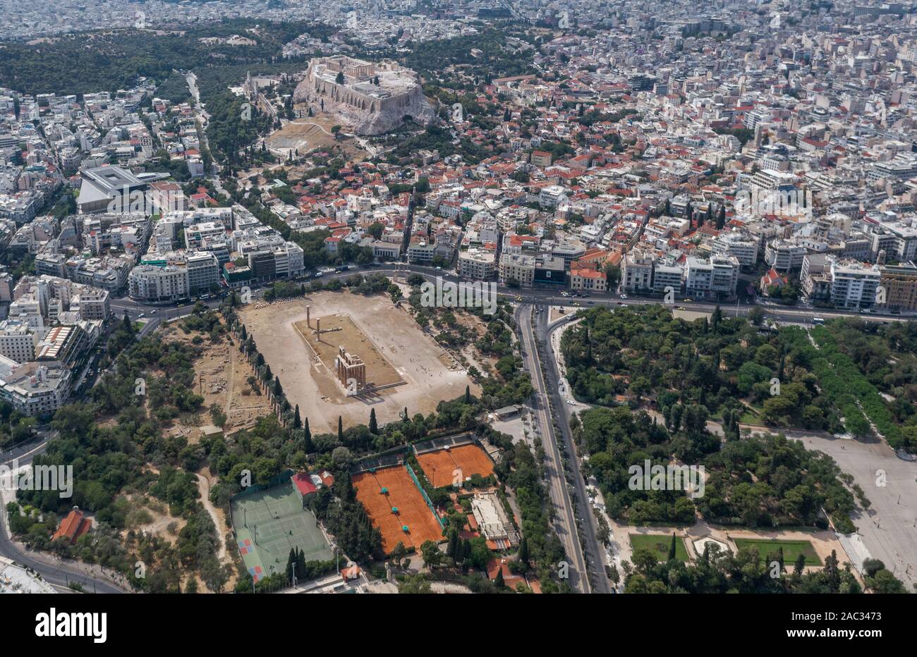Aerial drone shot of Acropolis of Athens, Olympion Zeus temple, national garden and museum, Olympion Zeus temple, national garden and museum Stock Photo